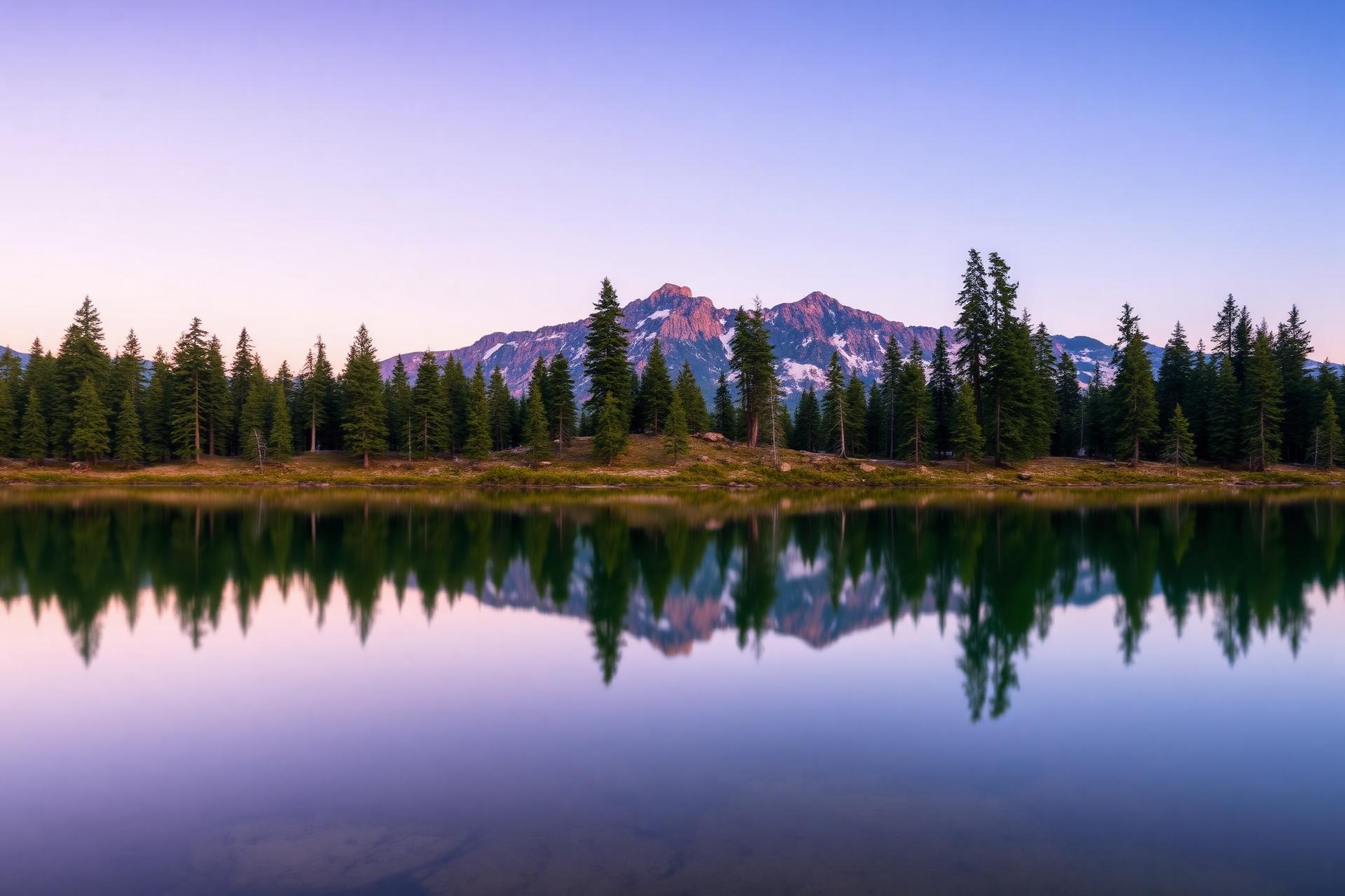 Alpine lake reflecting pine forest and mountains