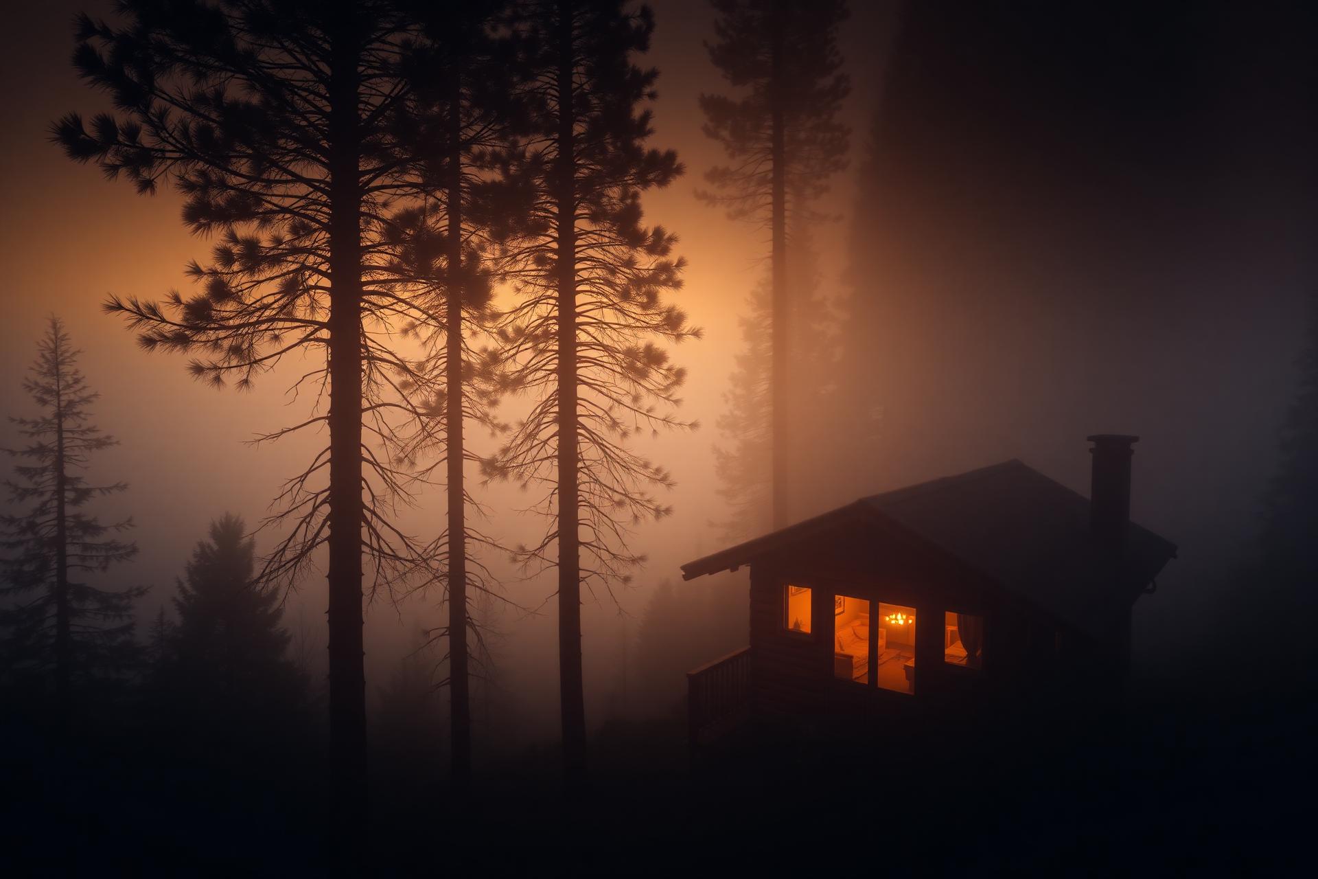 Misty pine forest at dawn